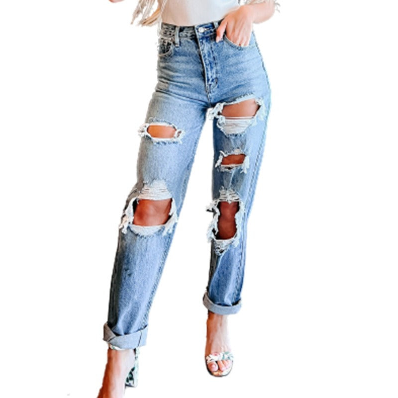 Hight waist ripped fashion casual straight denim trousers